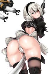 Rule 34 | 1girl, android, ass, black dress, black thighhighs, blindfold, blue eyes, blush, boots, cameltoe, cowboy shot, dress, from behind, gloves, hair over eyes, hairband, highres, huge ass, looking back, mole, mole under mouth, nier (series), nier:automata, nonoririn, open mouth, panties, partially visible vulva, pod (nier:automata), puffy sleeves, shiny clothes, shiny skin, short hair, silver hair, solo, sword, thighhighs, thong, underwear, upskirt, weapon, 2b (nier:automata)