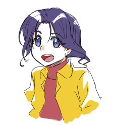 Rule 34 | 1girl, :d, copyright request, jacket, open clothes, open jacket, open mouth, purple eyes, purple hair, red sweater, round teeth, simple background, smile, solo, sweater, tachibana roku, teeth, upper body, upper teeth only, white background, yellow jacket