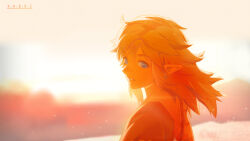 Rule 34 | 1boy, absurdres, artist name, blonde hair, blue eyes, blurry, blurry background, earrings, hair between eyes, highres, jewelry, light smile, link, looking at viewer, male focus, medium hair, nintendo, outdoors, parted lips, pointy ears, solo, the legend of zelda, the legend of zelda: tears of the kingdom, upper body, wind, x.x.d.x.c