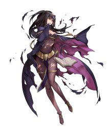 Rule 34 | 1girl, black eyes, black hair, blunt bangs, bodysuit, breasts, bridal gauntlets, cape, circlet, cleavage, fire emblem, fire emblem awakening, fire emblem heroes, full body, highres, injury, long hair, matching hair/eyes, nintendo, official art, ryona, short twintails, solo, tharja (fire emblem), torn clothes, transparent background, twintails, two side up, zis