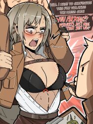 Rule 34 | 1girl, 2boys, absurdres, anger vein, arms up, belt, belt buckle, black bra, blush, bow, bow bra, bra, breast poke, breasts, brown belt, brown jacket, brown skirt, buckle, chest belt, chibi, cleavage, clipboard, collarbone, commentary, drawing (object), dress shirt, english commentary, english text, fingernails, glasses, grey eyes, grey hair, hair ornament, hairclip, head out of frame, hetero, highres, holding another&#039;s arm, jacket, large breasts, leather belt, linea alba, looking at another, looking down, mark gavatino, motion lines, multiple boys, navel, open clothes, open jacket, open shirt, outline, partially unbuttoned, pink background, pocket, poking, puckered lips, red bow, restrained, rico brzenska, shingeki no kyojin, shirt, short hair, skirt, solid oval eyes, speech bubble, sweat, talking, underwear, white outline, white shirt
