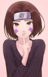 Rule 34 | 1girl, absurdres, beige background, breasts, brown eyes, brown hair, collarbone, commentary request, forehead protector, highres, lips, looking at viewer, mil k vanilla, naruto, naruto (series), nohara rin, parted bangs, parted lips, pink background, short hair, simple background, small breasts, solo, teeth