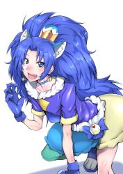 Rule 34 | 10s, 1girl, :d, absurdres, animal ears, big hair, blue eyes, blue gloves, blue hair, blue neckwear, blue shirt, blush, crown, cure gelato, earrings, extra ears, fang, gggg, gloves, green socks, highres, jewelry, kirakira precure a la mode, kneehighs, kneeling, lion ears, lion tail, looking at viewer, magical girl, multicolored clothes, multicolored skirt, open mouth, precure, shirt, single kneehigh, single sock, skirt, smile, socks, solo, tail, tategami aoi