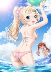 Rule 34 | 2girls, :3, alternate costume, alternate hairstyle, ass, back, ball, beach, bikini, blonde hair, blue eyes, blue sky, blush, bow, breasts, butt crack, cloud, commentary request, day, hair between eyes, hair bow, hair ornament, hairband, hairclip, highres, holding, jervis (kancolle), kantai collection, libeccio (kancolle), long hair, looking at viewer, multiple girls, neko danshaku, open mouth, polka dot, polka dot bow, ponytail, sky, small breasts, smile, standing, swimsuit, tan, twintails, untied bikini, water