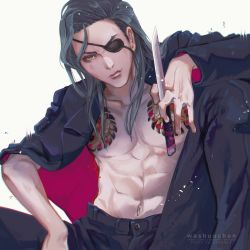 Rule 34 | 1boy, abs, between fingers, black hair, black pants, brown eyes, commentary, english commentary, eyepatch, hair down, highres, holding, holding weapon, irezumi, jacket, jacket on shoulders, knife, long hair, majima goro, male focus, one-eyed, open clothes, open jacket, pants, ryuu ga gotoku (series), ryuu ga gotoku 0, single sleeve, sitting, tattoo, washuu, weapon, yakuza