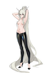 Rule 34 | 1girl, absurdly long hair, arknights, armpits, arms up, breasts, fly tutu, full body, grey hair, hair censor, hair over breasts, high heels, highres, holding, holding own hair, horns, long hair, medium breasts, navel, nipples, open pants, pants, pointy ears, ponytail, red eyes, shining (arknights), simple background, solo, standing, topless, very long hair, white background