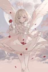 Rule 34 | 1girl, angel wings, blonde hair, blue eyes, dress, expressionless, falling petals, feathered wings, flower, flying, full moon, halo, highres, holding, holding flower, kyuumura, long sleeves, looking at viewer, moon, original, parted lips, petals, petticoat, puffy long sleeves, puffy sleeves, red flower, red rose, rose, short hair, sketch, sky, solo, thighhighs, white dress, white thighhighs, wings