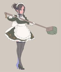 Rule 34 | 1girl, apron, black footwear, broom, brown hair, closed mouth, commentary request, dress, enkyo yuuichirou, gloves, green dress, green eyes, grey background, grey thighhighs, hair bun, concealed weapon, high heels, highres, holding, holding broom, holding sword, holding weapon, katana, long sleeves, maid, maid apron, maid headdress, original, ribbed legwear, sheath, simple background, single hair bun, solo, sword, thighhighs, two-handed, unsheathing, waist apron, weapon, white gloves