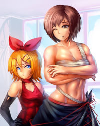 Rule 34 | 2girls, :t, abs, bare arms, bare shoulders, black gloves, blonde hair, blue eyes, breasts, brown eyes, brown hair, budget sarashi, collarbone, dress, elbow gloves, gloves, hair between eyes, hair ornament, hair ribbon, hairclip, height difference, kagamine rin, looking at another, meiko (vocaloid), multiple girls, muscular, muscular female, navel, one eye closed, red dress, red ribbon, ribbon, sarashi, short hair, vocaloid, window, yilx