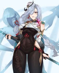 Rule 34 | 1girl, :|, blue eyes, blue hair, blue nails, bodysuit, braid, breasts, closed mouth, clothing cutout, covered navel, detached sleeves, expressionless, genshin impact, gloves, green sleeves, hair ornament, hair over one eye, highres, hip vent, holding, holding polearm, holding weapon, large breasts, lips, long hair, long sleeves, looking at viewer, low-braided long hair, low-tied long hair, minmintic 127, nail polish, navel, open mouth, partially fingerless gloves, polearm, shenhe (genshin impact), side cutout, single braid, solo, sparkle, thighs, underboob, upper body, very long hair, weapon, wide sleeves