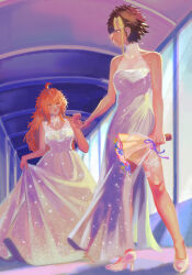 Rule 34 | 2girls, :d, absurdres, ahoge, alternate costume, beckoning, blonde hair, blue flower, blunt bangs, bouquet, braid, brown eyes, brown hair, closed mouth, collar, commentary request, dress, egokoro nao, eye contact, female focus, flower, full body, gown, hair between eyes, hallway, halter dress, halterneck, hand up, high heels, highres, holding, holding bouquet, kimi ga shine, long hair, looking at another, looking back, matching hair/eyes, messy hair, multicolored hair, multiple girls, open mouth, orange eyes, orange hair, outstretched hand, pink flower, profile, short hair with long locks, side braid, side slit, skirt hold, sleeveless, sleeveless dress, smile, standing, streaked hair, terusuzuzu, two-tone hair, wedding dress, white collar, white dress, white footwear, wife and wife, window, yabusame reko, yuri