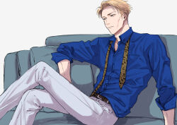 Rule 34 | 1boy, animal print, belt, blonde hair, blue eyes, blue shirt, couch, expressionless, feet out of frame, highres, jujutsu kaisen, leopard print, long sleeves, male focus, nanami kento, necktie, pants, shirt, short hair, sitting, solo, undone necktie, white background, white pants, yellow necktie, yuu (1969loy)