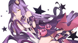 Rule 34 | 1girl, absurdres, bare shoulders, breasts, chinese commentary, cleavage, closed mouth, dress, hair between eyes, hair flaps, hair ornament, highres, honkai (series), honkai impact 3rd, ling kongling, long hair, looking at viewer, medium breasts, purple dress, purple hair, purple nails, purple ribbon, ribbon, sidelocks, simple background, sirin, sirin (miracle magical girl), smile, solo, star (symbol), very long hair, white background, yellow eyes