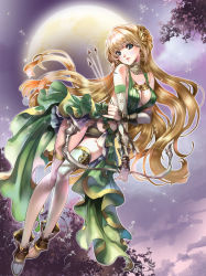 Rule 34 | 1girl, arrow (projectile), blonde hair, blue eyes, bow (weapon), breasts, chushengdao, full moon, highres, jewelry, kaku-san-sei million arthur, long hair, looking at viewer, million arthur (series), moon, necklace, parted lips, solo, thighhighs, very long hair, weapon, white thighhighs