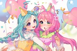 Rule 34 | 2girls, :d, animal ear fluff, animal ears, arm up, balloon, blue hair, blurry, blurry background, blush, braid, breasts, commentary, commission, confetti, depth of field, dress, english commentary, green eyes, green headwear, hair between eyes, happy birthday, hat, heart balloon, holding, hug, hyanna-natsu, layered sleeves, long hair, long sleeves, multiple girls, open mouth, original, parted lips, party, party hat, party popper, pink dress, pink hair, purple eyes, see-through, see-through sleeves, shirt, short over long sleeves, short sleeves, small breasts, smile, streamers, swept bangs, very long hair, white shirt, yellow headwear