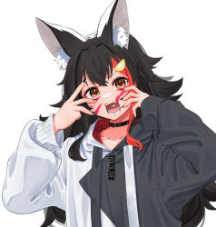 Rule 34 | 1girl, animal (vocaloid), animal ear fluff, animal ears, black hair, black nails, brown eyes, commentary request, daichi (daichi catcat), facepaint, hair ornament, hairclip, hands up, heart, heart in mouth, highres, hololive, long sleeves, multicolored hair, nail polish, ookami mio, ookami mio (casual), open mouth, red hair, simple background, solo, streaked hair, two-tone hoodie, upper body, virtual youtuber, vocaloid, white background, wolf ears