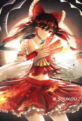 Rule 34 | 1girl, ascot, bow, brown eyes, brown hair, burning, closed mouth, commentary request, detached sleeves, fire, frilled bow, frilled hair tubes, frills, gohei, hair bow, hair tubes, hakurei reimu, highres, holding, holding gohei, long hair, looking at viewer, midriff peek, navel, ofuda, red bow, red skirt, ribbon-trimmed sleeves, ribbon trim, skirt, skirt set, solo, soukou (artist), touhou, twitter username, yellow ascot