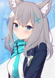 Rule 34 | 1girl, animal ear fluff, animal ears, blue archive, blue eyes, blue hair, blue jacket, blue scarf, blush, breasts, closed mouth, commentary request, eyebrows hidden by hair, grey hair, hair between eyes, hair ornament, highres, jacket, long hair, looking at viewer, multicolored hair, open clothes, open jacket, scarf, shiroko (blue archive), shirt, small breasts, smile, solo, two-tone hair, uneg, upper body, white shirt