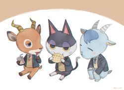 Rule 34 | 3boys, :3, ^ ^, animal crossing, artist name, beau (animal crossing), black jacket, blazer, blue eyes, blue necktie, blush, blush stickers, bread, brown background, brown horns, brown sweater vest, cat boy, closed eyes, closed mouth, collared shirt, commentary request, deer boy, drooling, eating, food, furry, furry male, goat boy, hands up, highres, holding, holding food, horns, jacket, juice box, kaji (oni atat), lapels, long sleeves, looking at another, looking to the side, male focus, melon bread, multiple boys, necktie, nintendo, open clothes, open jacket, open mouth, orange necktie, punchy (animal crossing), school uniform, sherb (animal crossing), shirt, simple background, sitting, smile, squatting, sweater vest, twitter username, two-tone background, white background, white shirt, yellow eyes