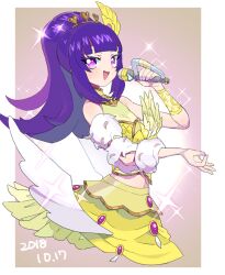 Rule 34 | 1girl, :d, bare shoulders, blunt bangs, blush, border, brown background, commentary request, cropped legs, dated, fake wings, hanazono shuka, holding, holding microphone, idol clothes, idol time pripara, long hair, looking at viewer, microphone, midriff, moudoku (decopon3rd), music, open mouth, ponytail, pretty series, pripara, purple eyes, purple hair, shirt, singing, skirt, smile, solo, sparkle, standing, tiara, white border, white wings, wing hair ornament, wings, yellow shirt, yellow skirt