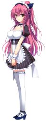 Rule 34 | 1girl, absurdres, akusera, detached collar, full body, highres, long hair, looking at viewer, maid, maid headdress, non-web source, pink hair, ponytail, reminiscence, shoes, simple background, smile, solo, thighhighs, tomose shunsaku, transparent background, white background, white thighhighs, wrist cuffs, zettai ryouiki