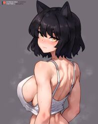 Rule 34 | 1girl, absurdres, animal ears, armpit crease, bare shoulders, black hair, blake belladonna, bluefield, blush, breasts, cat ears, closed mouth, commentary request, crop top, from behind, grey background, highres, large breasts, looking at viewer, looking back, median furrow, patreon logo, patreon username, rwby, short hair, sideboob, simple background, solo, steaming body, sweatdrop, twitter username, upper body, watermark, web address, yellow eyes