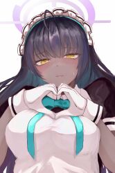 Rule 34 | 1girl, @ @, absurdres, ahoge, apron, black hair, blue archive, blue ribbon, blush, breast suppress, breasts, closed mouth, dark-skinned female, dark skin, gloves, halo, heart, heart hands, highres, karin (blue archive), long hair, maid apron, maid headdress, medium breasts, multicolored hair, neck ribbon, pink lips, puffy short sleeves, puffy sleeves, purple hair, purple halo, ribbon, short sleeves, simple background, solo, suzukano pon, sweatdrop, upper body, white background, white gloves, yellow eyes