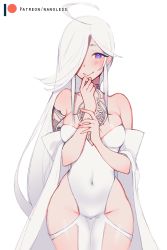 Rule 34 | ahoge, angel, angel (nanoless), arm tattoo, bare shoulders, blush, breasts, chest tattoo, covered navel, cowboy shot, dress, groin, hair over one eye, looking at viewer, medium breasts, nanoless, no panties, original, patreon username, purple eyes, solo, strapless, strapless dress, tattoo, thigh gap, white hair