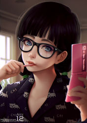 Rule 34 | 1girl, aimi (ms.assistant), animal print, artist name, black-framed eyewear, black hair, blue eyes, blunt bangs, blurry, brushing teeth, cat print, cellphone, character name, collarbone, copyright name, day, depth of field, eyelashes, fingernails, glasses, hair tie, head tilt, holding, holding phone, indoors, lips, long hair, looking at viewer, low twintails, magion02, ms.assistant, original, pajamas, phone, red lips, revision, room, selfie, solo, toothbrush, twintails, upper body, watermark, web address, window, wing collar