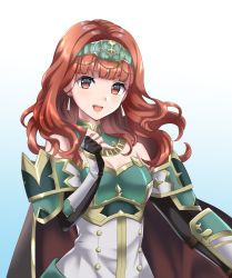 Rule 34 | 1girl, :d, bare shoulders, black gloves, breasts, celica (fire emblem), cleavage, earrings, fingerless gloves, fire emblem, fire emblem echoes: shadows of valentia, fire emblem heroes, gloves, gradient background, highres, jewelry, kakiko210, medium breasts, nintendo, official alternate costume, open mouth, red eyes, red hair, simple background, smile, solo, tiara, two-tone dress, upper body