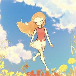 Rule 34 | 1girl, barefoot, blush, bug, butterfly, candace gertrude flynn, closed eyes, closed mouth, cloud, cloudy sky, flower, highres, insect, ladybug, long hair, orange hair, phineas and ferb, red shirt, shirt, skirt, sky, sleeveless, sleeveless shirt, smile, solo, toon (style), user fsfc2477, white skirt
