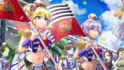 Rule 34 | 2girls, blonde hair, blue sky, cloud, commentary request, confetti, dark-skinned female, dark skin, dolphin wave, drum, faceless, faceless female, fang, fang out, flag, green eyes, hat, highres, holding, holding flag, instrument, izumi kiri, marching band, multiple girls, navel, official art, ootomo takuji, pleated skirt, ponytail, purple eyes, purple hair, shako cap, skirt, sky, snare drum, souma hayate, wrist cuffs