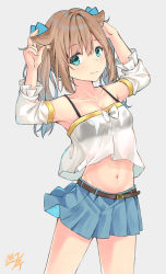 Rule 34 | 1girl, animal ear fluff, animal ears, aqua eyes, armpits, bare shoulders, belt, black bra, blue ribbon, blue skirt, blush, bra, breasts, brown hair, cat ears, cleavage, closed mouth, collarbone, commentary request, cowboy shot, crop top, crop top overhang, detached sleeves, grey background, hair ribbon, hands up, highres, long hair, looking at viewer, midriff, miko fly, miniskirt, navel, original, pleated skirt, ribbon, see-through, sidelocks, signature, simple background, skirt, small breasts, solo, standing, stomach, thighs, twintails, underwear