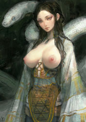 Rule 34 | 1girl, animal, black hair, breasts, breasts out, frown, giant snake, highres, large breasts, lips, long hair, nat the lich, nipples, original, oversized animal, pandora acherona (nat the lich), snake