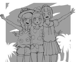 Rule 34 | 3girls, beanie, braid, creatures (company), flower, game freak, greyscale, hat, hat flower, lillie (pokemon), long hair, monochrome, multiple girls, nintendo, notori d, open mouth, outstretched arm, pokemon, pokemon sm, pokemon usum, selene (pokemon), selene (pokemon usum), shirt, short hair, short sleeves, shorts, skirt, sun hat, tank top, tied shirt, twin braids, v