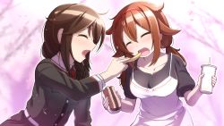 Rule 34 | 2girls, ^ ^, ^o^, ahoge, belt, black coat, black shirt, blush, braid, brown hair, burger, casual, closed eyes, coat, cup, dress, closed eyes, facing another, food, french fries, hair flaps, hair over shoulder, hairband, highres, holding, holding cup, holding food, kantai collection, long hair, multiple girls, narashika asuka, necktie, official alternate costume, puffy short sleeves, puffy sleeves, red hairband, red necktie, shigure (kancolle), shiratsuyu (kancolle), shirt, short hair, short sleeves, single braid, white dress