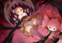 Rule 34 | 10s, 1girl, beret, blonde hair, boots, breasts, charlotte (madoka magica), drill hair, fred04142, from below, hair ornament, hat, magical girl, mahou shoujo madoka magica, mahou shoujo madoka magica (anime), mami mogu mogu, open mouth, panties, pantyshot, pleated skirt, shirt, skirt, spoilers, striped clothes, striped thighhighs, taut clothes, taut shirt, tears, thighhighs, tomoe mami, underwear, upskirt, vertical-striped clothes, vertical-striped thighhighs, white panties