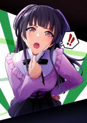 Rule 34 | !, !!, 1girl, black bow, black bowtie, black hair, black skirt, blue shirt, blunt bangs, bow, bowtie, breasts, cowboy shot, grey eyes, hand on own hip, hand up, highres, idolmaster, idolmaster shiny colors, leaning forward, long hair, long sleeves, looking at viewer, mask pull, mayuzumi fuyuko, medium breasts, open mouth, shirt, skirt, solo, standing, takagi mitsukuni, teeth, tongue, two side up, upper teeth only