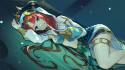 Rule 34 | 1girl, bare legs, blush, clothing cutout, crop top, dutch angle, forehead jewel, genshin impact, green eyes, harem outfit, highres, horns, index finger raised, long hair, long sleeves, lying, lying on water, nail polish, nilou (genshin impact), on side, puffy sleeves, red hair, sanmi 3, shallow water, shirt, skirt, smile, solo, thighlet, thighs, vambraces, veil, vision (genshin impact), water, white headdress, white shirt