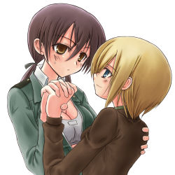 Rule 34 | 2girls, blonde hair, blue eyes, blush, brown eyes, brown hair, couple, erica hartmann, eye contact, gertrud barkhorn, holding hands, hand on shoulder, interlocked fingers, looking at another, looking down, looking up, masarou, military, military uniform, multiple girls, open clothes, open shirt, shirt, smile, sports bra, strike witches, sweatdrop, uniform, world witches series, yuri