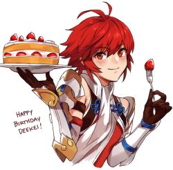 Rule 34 | 1girl, antenna hair, cake, fire emblem, fire emblem fates, food, fork, happy birthday, hinoka (fire emblem), holding, holding cake, holding food, holding fork, kamu (kamuuei), light smile, looking at viewer, messy hair, nintendo, red eyes, red hair, short hair, smile, strawberry shortcake