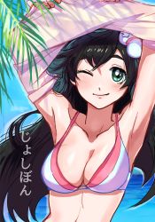 Rule 34 | 10s, 1girl, armpits, arms up, bad id, bad pixiv id, bikini, black hair, blue sky, breasts, character request, cleavage, collarbone, day, female focus, green eyes, gumiuchi, hair ornament, hero bank, highres, large breasts, long hair, looking at another, looking at viewer, one eye closed, outdoors, palm tree, sky, smile, solo, swimsuit, text focus, translation request, tree, branch, upper body