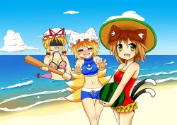 Rule 34 | 3girls, = =, absurdres, alternate costume, anger vein, animal ears, animal hat, baseball bat, beach, bikini, blue sky, blush, bow, breasts, brown hair, cat ears, cat tail, chen, cleavage, cloud, day, drooling, food, fox tail, frilled one-piece swimsuit, frilled swimsuit, frills, fruit, gap (touhou), hair bow, hat, hat ribbon, hat with ears, highres, looking at another, looking away, medium breasts, mob cap, multiple girls, multiple tails, navel, ocean, one-piece swimsuit, open mouth, outdoors, rapisumeron, ribbon, shaded face, short hair, sidelocks, sky, small breasts, sports bikini, straw hat, swimsuit, tail, touhou, watermelon, yakumo ran, yakumo yukari, yellow eyes, yin yang