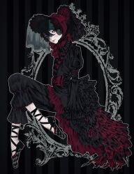 Rule 34 | 1boy, ballet slippers, black background, black coat, black footwear, black hair, black headwear, black pants, black veil, blue eyes, blush, closed mouth, coat, empty picture frame, ensemble stars!, full body, heterochromia, highres, kagehira mika, kekkanp, looking at viewer, male focus, multicolored clothes, multicolored coat, multicolored headwear, pants, picture frame, red coat, red headwear, short hair, smile, solo, veil, yellow eyes