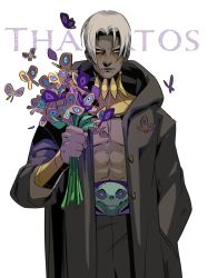 Rule 34 | 1boy, belt, blush, bouquet, bug, butterfly, character name, dark-skinned male, dark skin, flower, hades (series), hades 1, hand in pocket, hood, hood down, insect, jen zee, male focus, official art, open clothes, silver hair, skull, thanatos (hades), yellow eyes