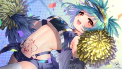 1girl artist_name black_feathers black_wings blush borrowed_character breasts claws collar commentary_request commission confetti crop_top feathers green_hair harpy highres indie_virtual_youtuber lincoro midriff monster_girl navel open_mouth pom_pom_(cheerleading) red_eyes short_hair short_twintails skeb_commission small_breasts solo stomach_tattoo tattoo thighhighs twintails twitter_username underboob virtual_youtuber visor_cap white_thighhighs winged_arms wings yukimichi_(nieko)