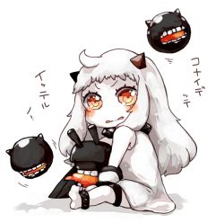 Rule 34 | 10s, 1girl, abyssal ship, ahoge, bluetenbin, colored skin, dress, horns, kantai collection, long hair, looking at viewer, machinery, mittens, northern ocean princess, open mouth, pale skin, simple background, sitting, translation request, turret, white background, white dress, white hair, white mittens, white skin, yellow eyes