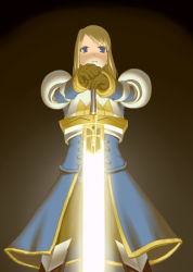 Rule 34 | 1girl, agrias oaks, akimichi, armor, blonde hair, blue eyes, excalibur (fate/stay night), fate/stay night, fate (series), final fantasy, final fantasy tactics, gloves, glowing, glowing sword, glowing weapon, hands on hilt, knight, look-alike, parody, solo, sword, weapon