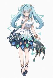 Rule 34 | &gt;:), 1girl, aftamc, aqua eyes, aqua hair, aqua nails, bare legs, blunt bangs, blush, bracelet, closed mouth, commentary request, dress, faruzan (genshin impact), full body, genshin impact, hair between eyes, hair ornament, head tilt, high heels, highres, index finger raised, jewelry, long hair, looking at viewer, nail polish, parted bangs, puffy short sleeves, puffy sleeves, short sleeves, sidelocks, simple background, solo, standing, thighlet, twintails, v-shaped eyebrows, white background, white dress, x hair ornament