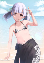Rule 34 | 1girl, absurdres, beach, bikini, black bikini, blue sky, blush, brown eyes, cloud, day, flat chest, grey hair, highres, kantai collection, looking at viewer, navel, neko no hige, ocean, ooshio (kancolle), open mouth, outdoors, sand, sarong, short hair, sky, smile, solo, swimsuit, twintails, water